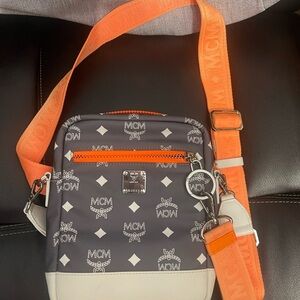 MCM Gray and Orange Messenger Bag with Monogram Design